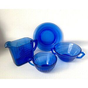 4 Cobalt Blue Depression Glass Pieces Moderntone Cream Soup Creamer Cup Plate